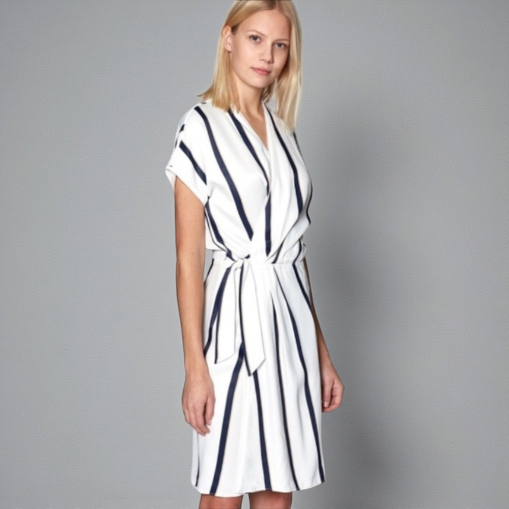 Equipment Leonce Wrap Dress Large White Striped Soft Luxe Resort Minimalist